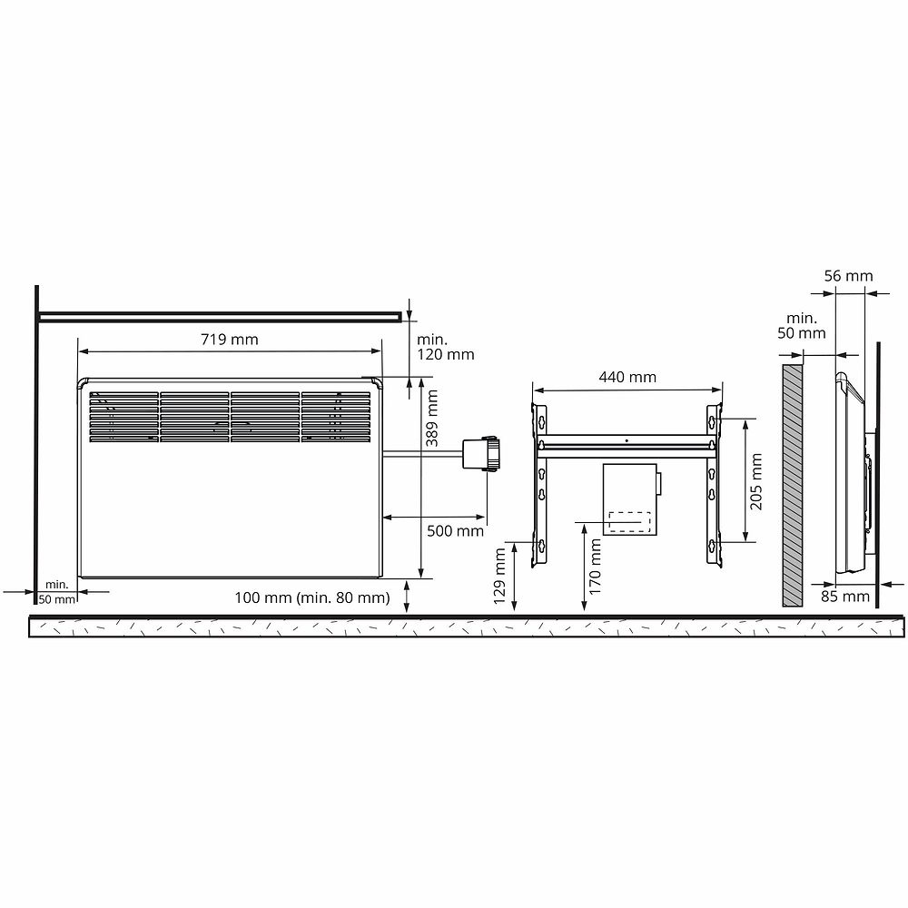Lämmitin Ensto BETA BT 750W 39x72cm kytkentärasialla