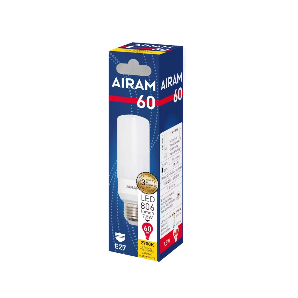 Led-lamppu Airam Tubular TUB37, E27, 2700K, 7W, 806lm