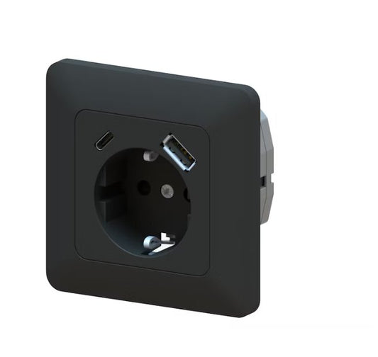 Pistorasia Opal Uppo 1-osainen 16A IP20 UPR +2xUSB Musta